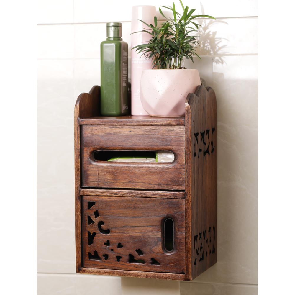 免打孔卫生间纸巾盒厕纸盒实木覆古收纳置物架防水卷纸筒抽纸盒木