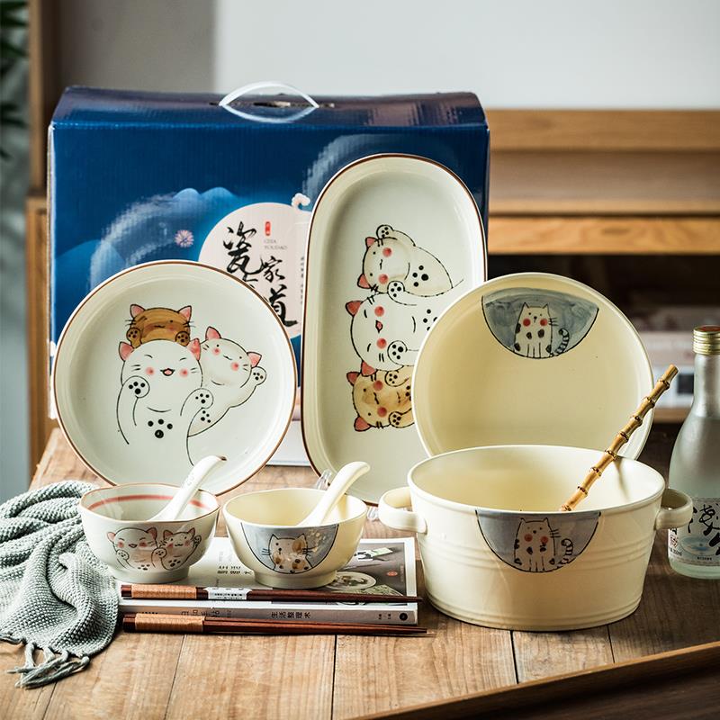 猫鱼元素日式餐具套装 陶瓷碗筷盘碟组合整套礼盒装送礼2人食家用