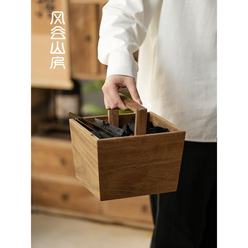 实木提拿碳盒出游野外旅行便携款炭斗橄榄乌榄炭果木炭提梁收纳盒