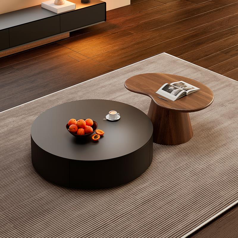 现代简约纯全实木圆形黑色茶几边几组合小户型客厅家用网红ins风