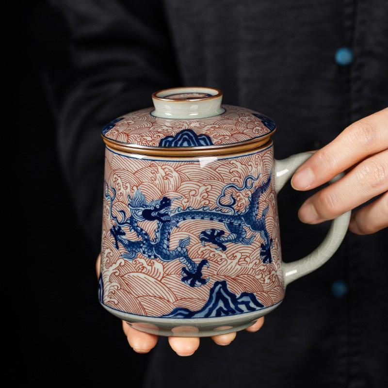 青花瓷釉里红海水龙办公杯水杯茶水分离杯陶瓷杯泡茶杯喝茶杯单个