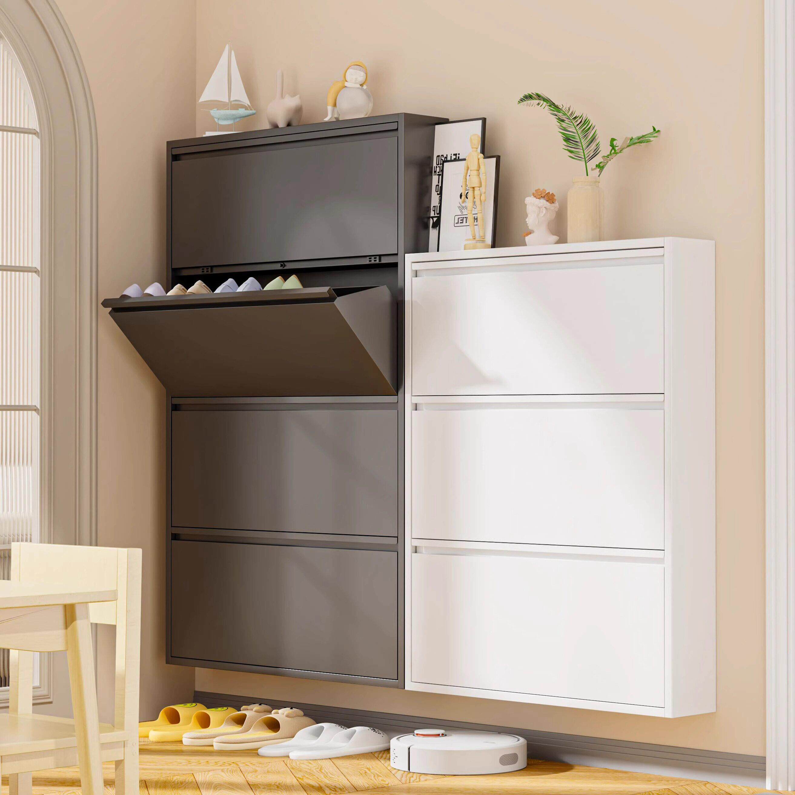 15cm超薄翻斗鞋柜钢制家用小户型挂墙悬空玄关柜防尘大容量窄鞋架