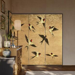 金箔布屏风隔断客厅茶室背景墙玄关办公室折叠移动国风大漆画 画