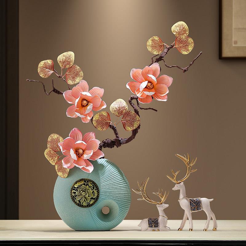 新中式仿真玉兰花陶瓷花瓶摆件客厅家居桌面花艺插花装饰乔迁礼物