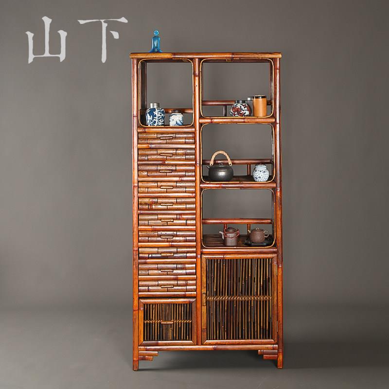 竹制墙边柜普洱茶饼收纳柜仿古置物架复古博古架茶道具茶壶展示架