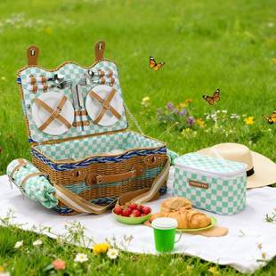 户外野子餐编制收纳篮露营野餐篮子盖带野餐ZQ25-788包套装带冰野