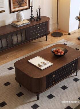 法地式复式古实木电视柜胡桃黑色美客茶厅几WHY电视柜组合落储物