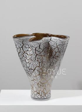 代现复古棕色白裂变瓣琉口璃花瓶样板间客厅玄关家居IPZ装饰花品