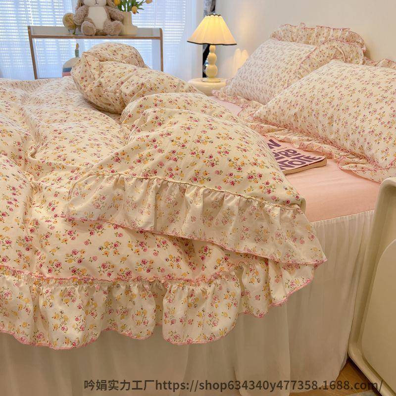 裙款68932409床四件套荷叶大床花边被套可爱水洗件棉床笠单四件套