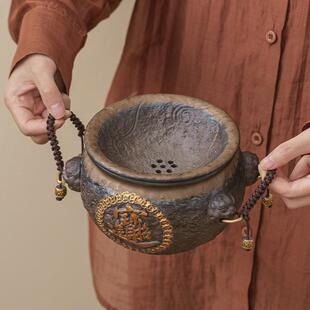 故水宫文创铜缸茶茶渣缸桌面废水缸垃圾桶带干过滤湿分离粗陶盂建