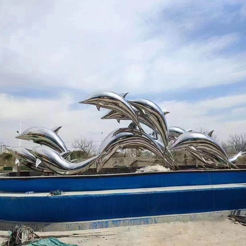不锈钢景楼观塑雕大FFE型户外公园售处志性摆件不锈标钢镜面海豚