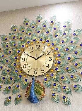 孔雀钟表挂客厅时尚家现代用简时约大气静钟音石77985英电子钟简