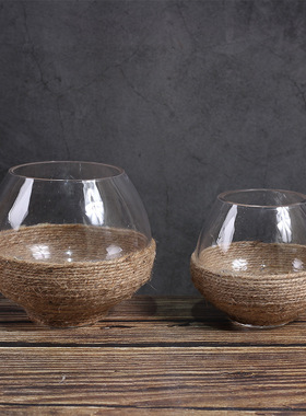 现代简约北欧椭圆形麻绳玻璃花瓶摆件家居样板房桌面软装饰品