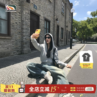 lemanism美式潮流纯色开衫连帽卫衣男款2026春季新款情侣款外套女
