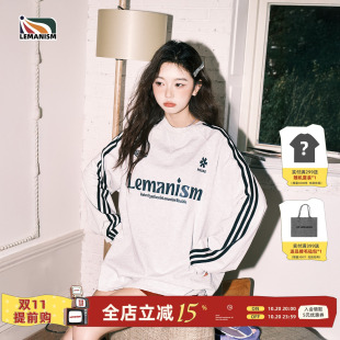 lemanism270g纯棉三条杠圆领长袖T恤男春季情侣卫衣无帽体恤衫女