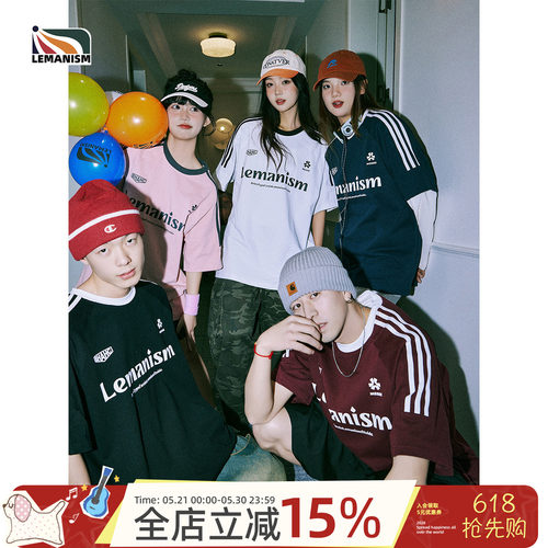 明星同款lemanism夏季美式复古t恤短袖男款插肩袖三条杠运动体恤