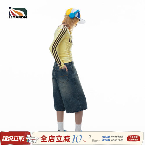 lemanism美式水洗牛仔短裤夏季宽松休闲中裤七分裤潮牌情侣直筒裤