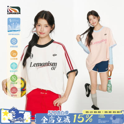 lemanism美式潮流250g重磅两条杠运动字母短袖T恤男2026情侣款女