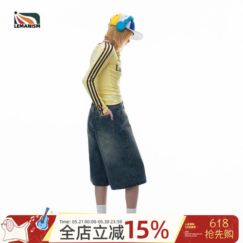 lemanism美式水洗牛仔短裤夏季宽松休闲中裤七分裤潮牌情侣直筒裤