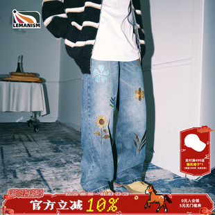 休闲裤 情侣款 男2024秋冬直筒裤 lemanism设计感花朵刺绣水洗牛仔裤