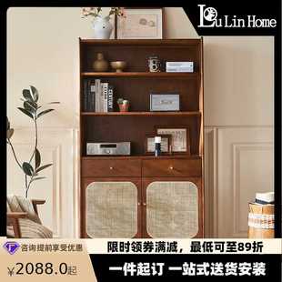 复古储物柜靠墙置物架 北欧实木书柜小户型家用落地藤编展示柜日式