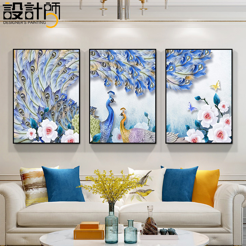 欧式客厅沙发背景墙装饰画孔雀挂画三联画寓意好美式卧室床头壁画图片