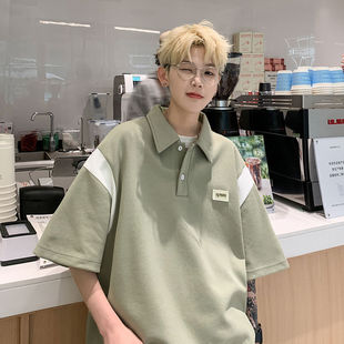 盐系男友风polo衫 短袖 男夏季 潮牌痞帅拼接设计感青少年翻领t恤衫