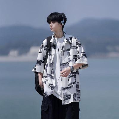 夏季宽松格子衬衫男潮流复
