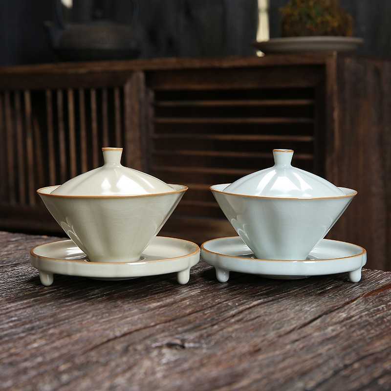 汝窑陶瓷斗笠三才盖碗泡茶器具单个茶碗开片可养功夫茶具配件带盖