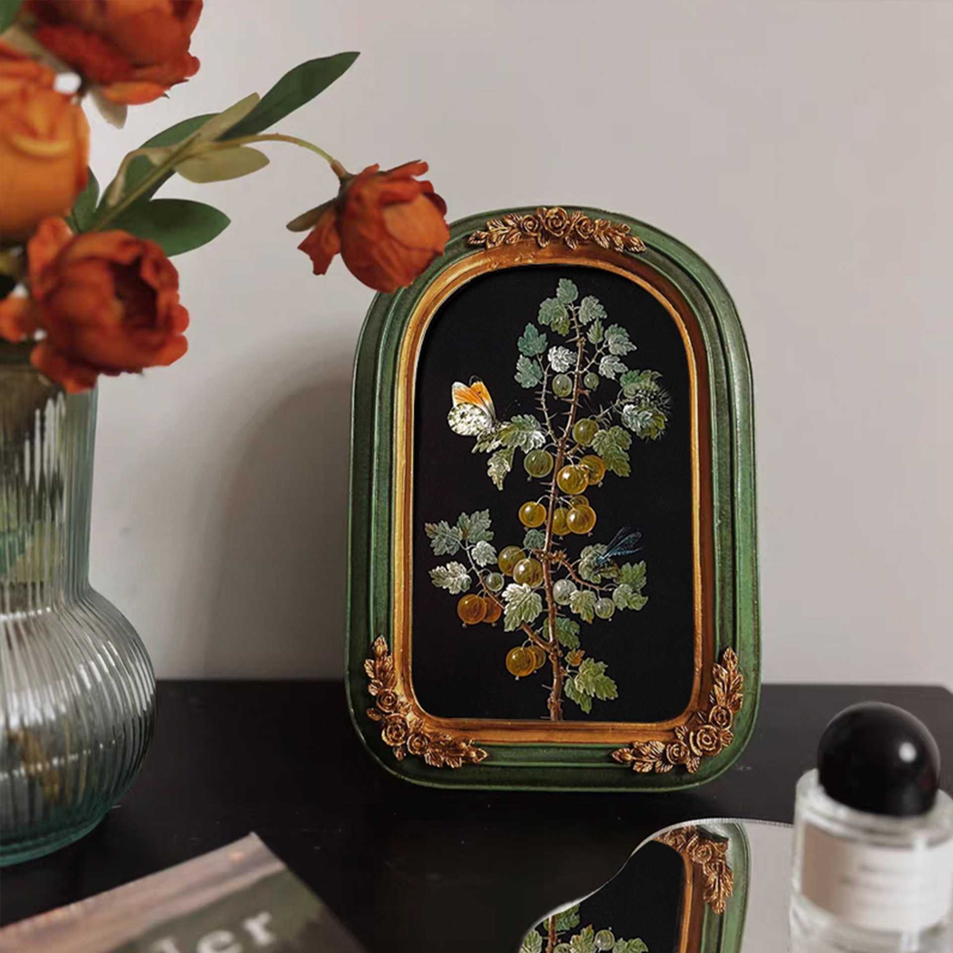 中古小众古典复古怀旧装饰画法式植物花卉拱形框美式挂画餐厅房间图片