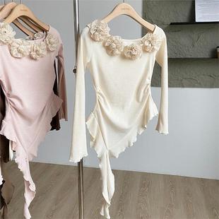 Forever21超好看黑色斜肩花朵飘带小衫女法式气质收腰长袖T恤上衣