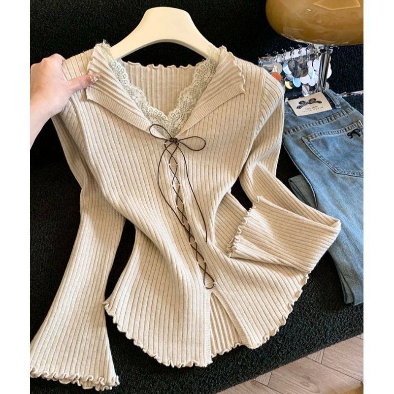 Jade Closet直营店推荐~美拉德甜美风花边拼接修身长袖针织小衫女