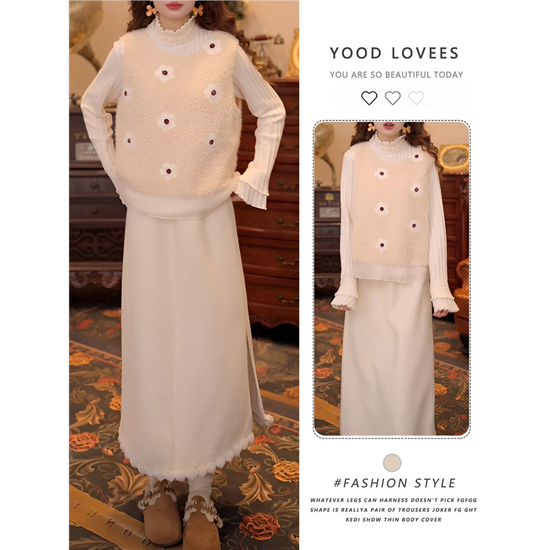 温舒敏【香草软糖】独特漂亮套装蕾丝边加绒打底羊羔毛马甲两件套