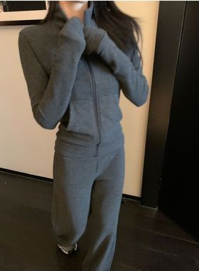 SUNONEONE 休闲慵懒运动套装女秋季新款韩系条纹立领卫衣一整套