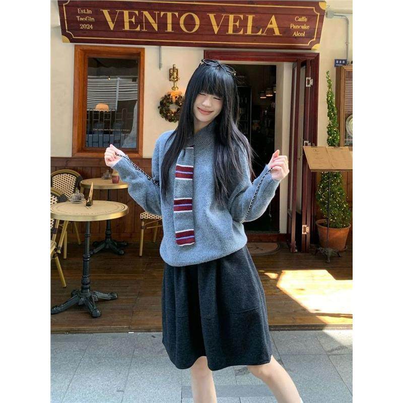 韩系套装灰色气质长袖针织衫女秋冬季高腰a字半身裙学院风两件套