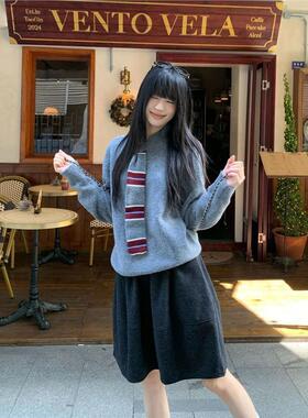 韩系套装灰色气质长袖针织衫女秋冬季高腰a字半身裙学院风两件套