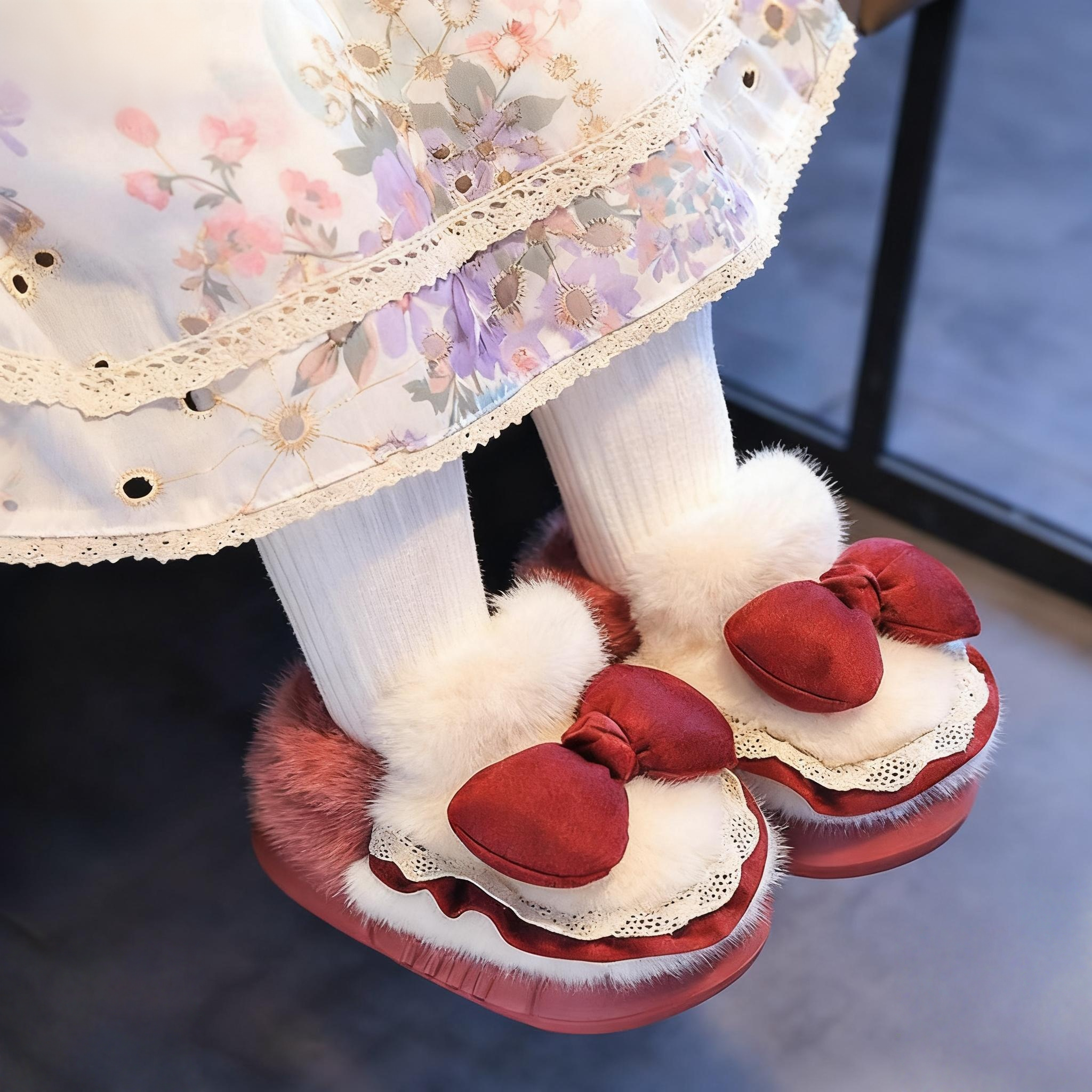 冬季公主蝴蝶结居家包跟儿童拖鞋