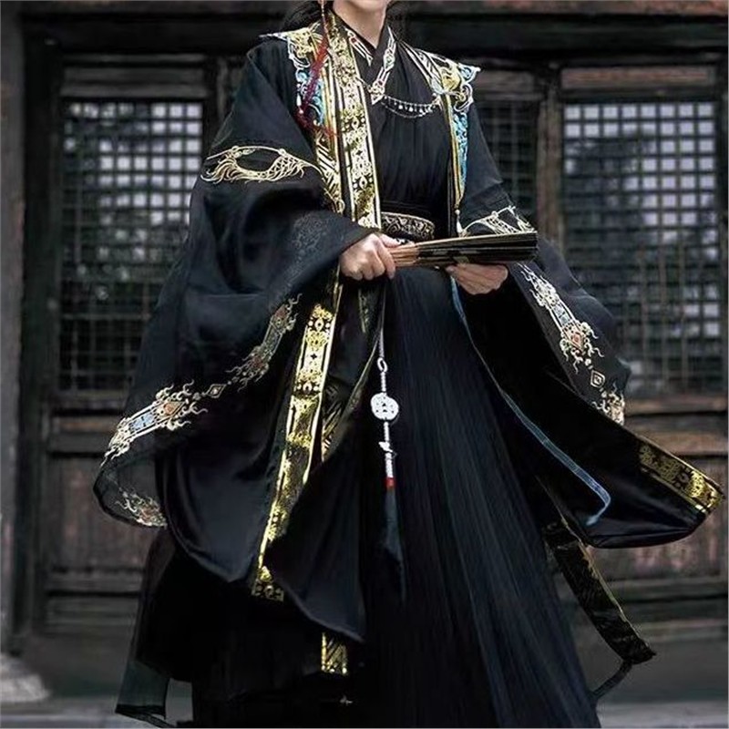 魏晋风新款汉服交领重工刺绣云肩古装cos黑色春夏季男女同款国风