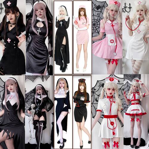 万圣节可爱护士装full set暗黑哥特风修女开叉成年人cos服爆款