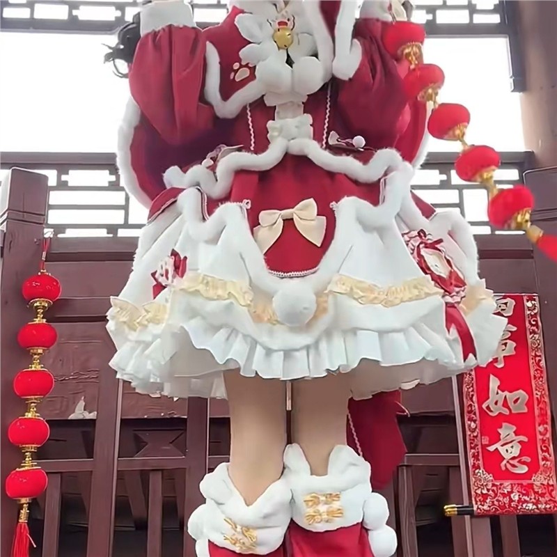 招财猫未命名新年战袍加绒红色lolita可爱lo裙
