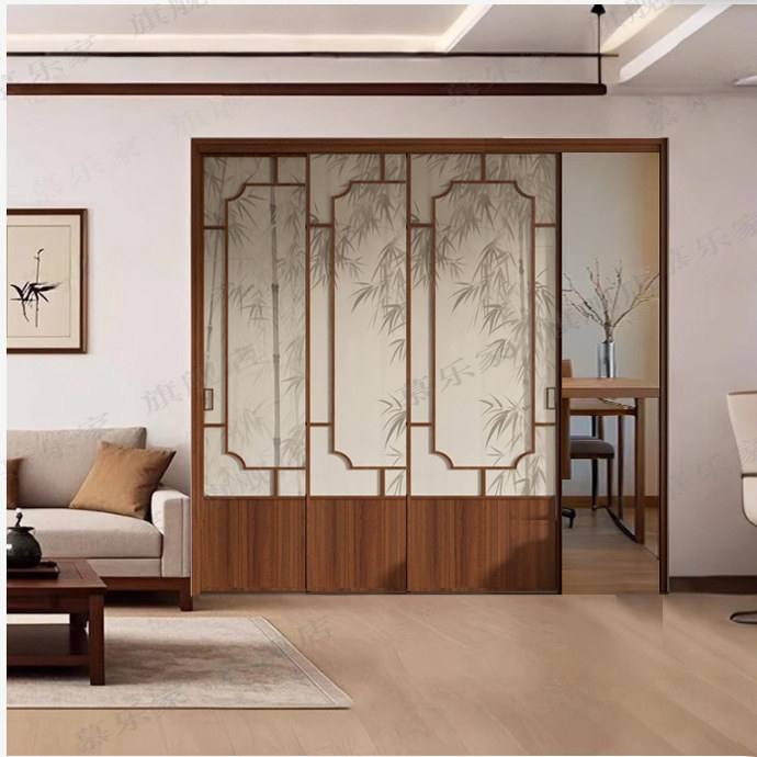 覆古新中式三联动推拉门厨房阳门台客厅卫生间玻璃门隔断吊轨移门