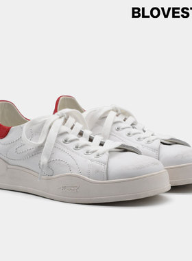 BLOVESTAR红尾小白鞋 夏季透气真皮做旧划痕时尚休闲运动鞋板鞋