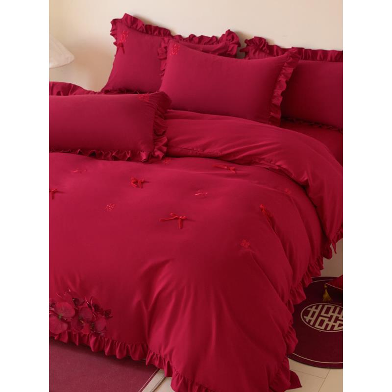 法式浪漫结婚四件套婚庆大红色纯棉床单被套婚嫁喜被新婚床上用品