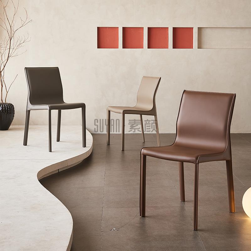 意式极简餐椅马鞍皮椅子家用饭厅吃饭靠背设计师高级感书桌椅北欧