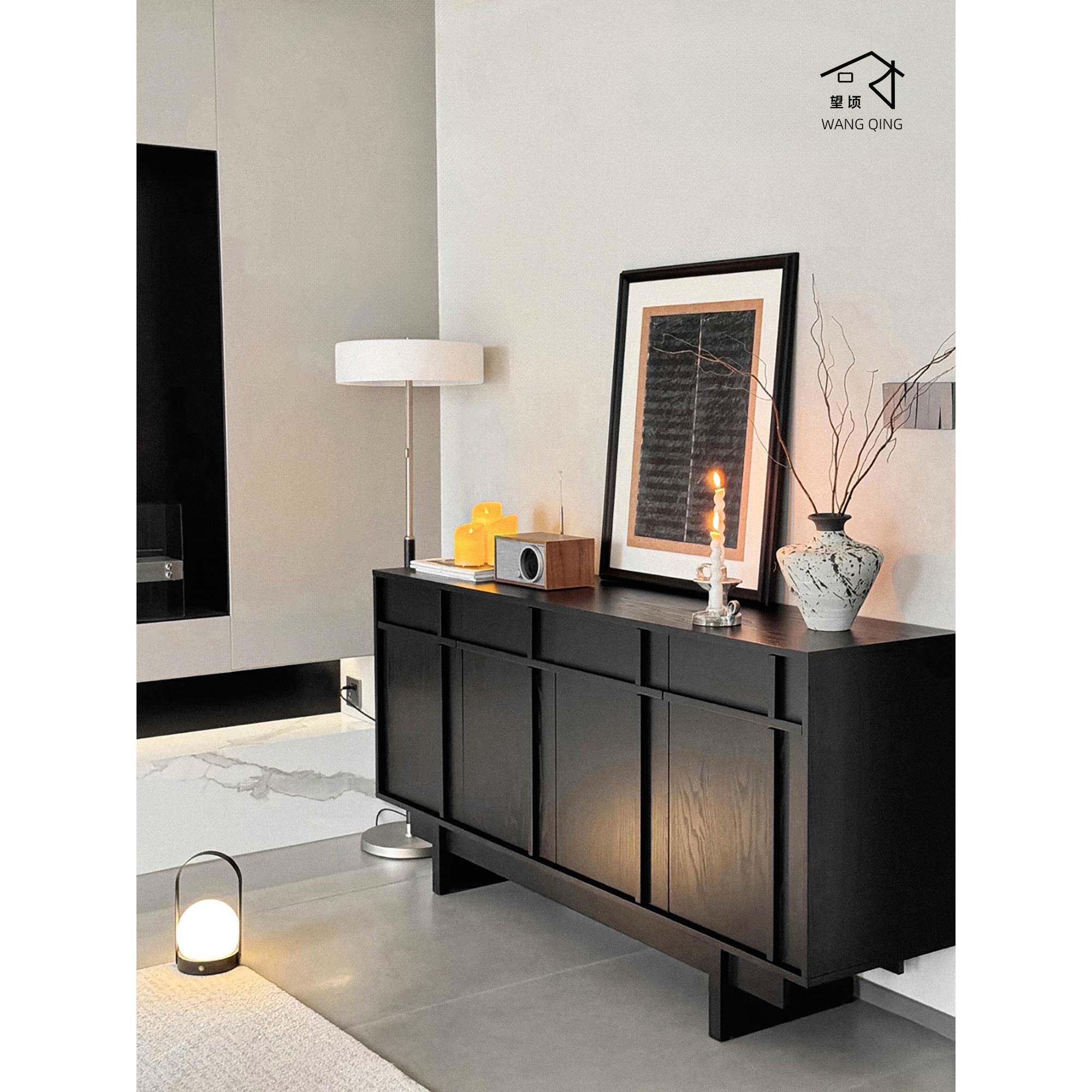 希望Wabi-Sabi风格黑色餐具柜灰木骨架线实木抽屉柜客厅墙壁储物