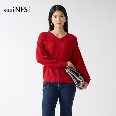 恩比时氛围感针织衫2025冬季新款红色V领宽松休闲百搭套头上衣