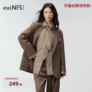 恩比时设计感衬衫2026春秋新款复古文艺格纹领带翻领长袖宽松上衣