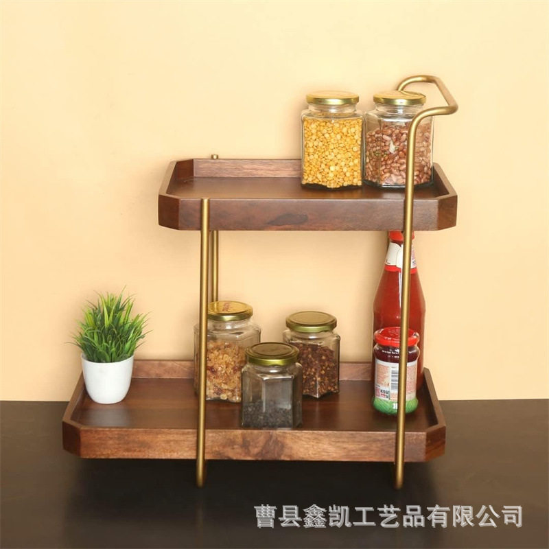 双层胡桃木厨房桌面收纳架