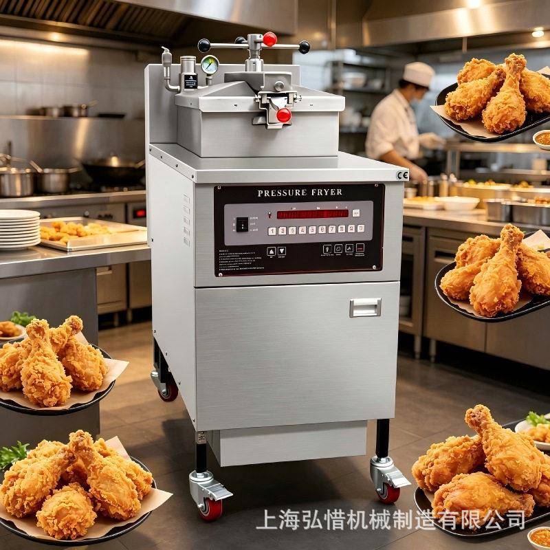压力电炸炉炸锅炸鸡汉堡店立式双缸双筛燃气全自动带滤油油炸锅
