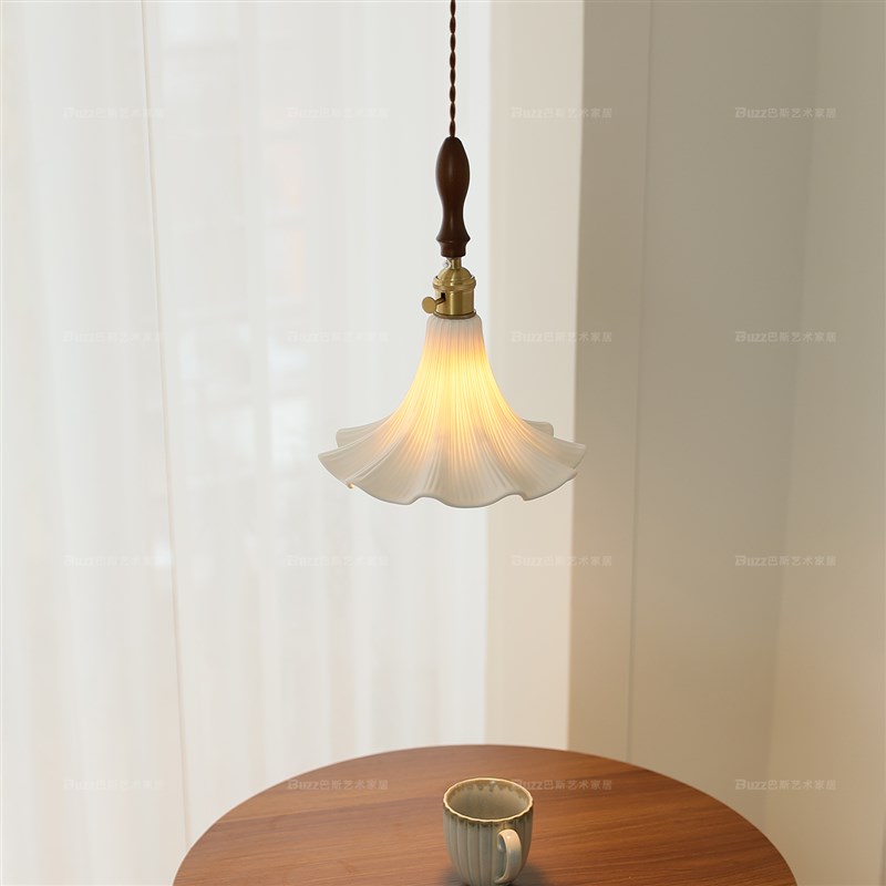 小吊灯法式中古风卧室床头吊线灯陶瓷木槿花朵餐厅V吧台灯古镇灯